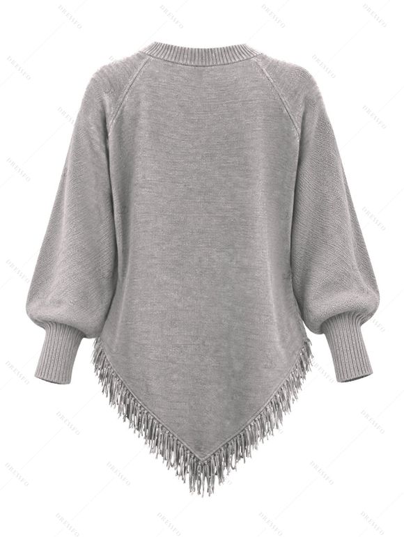 Daily Women Outfit Solid Color Cable Knit Hollow Out V Neck Pointed Hem Tassel Loose Sweater and Button Fly Pocket Skinny Jeans Set - Gris Clair S | US 4