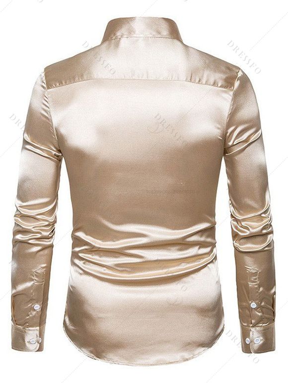 Party Couple Outfit Solid Color Ruched High Slit Bodycon Dress and Long Sleeve Satin Shirt Evening Set - Champagne S | US 4