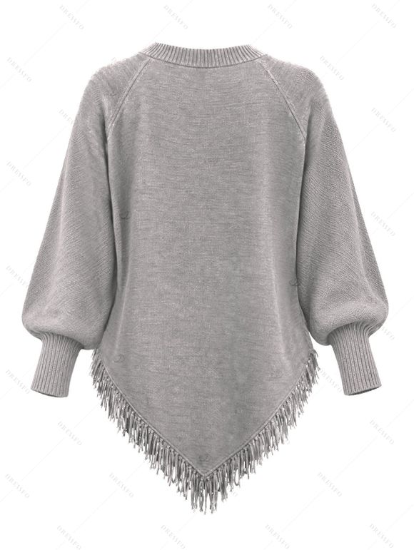 Winter Sweater Solid Color Cable Knit Hollow Out V Neck Pointed Hem Tassel Loose Sweater - Gris XL | US 12