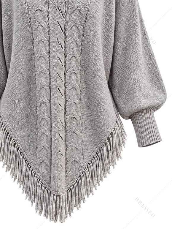 Winter Sweater Solid Color Cable Knit Hollow Out V Neck Pointed Hem Tassel Loose Sweater - Gris XL | US 12