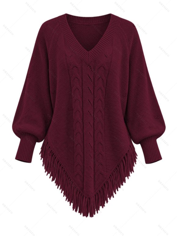 Casual Women Outfit Solid Color Cable Knit Hollow Out V Neck Pointed Hem Tassel Loose Sweater and Grommet Skinny Leggings Set - Rouge Vineux S | US 4