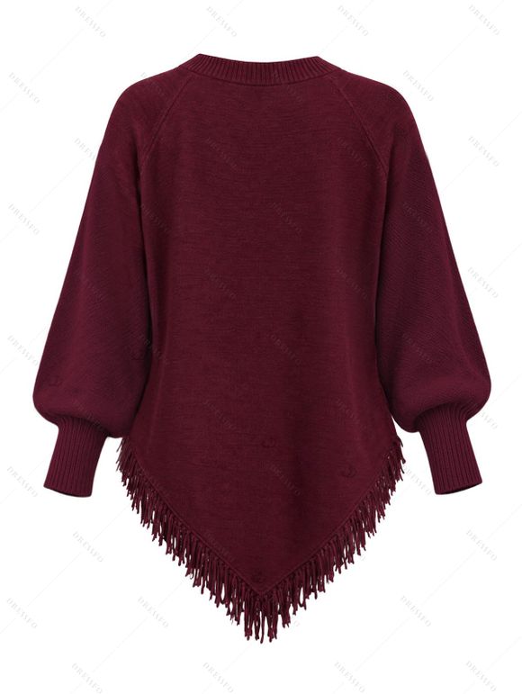 Casual Women Outfit Solid Color Cable Knit Hollow Out V Neck Pointed Hem Tassel Loose Sweater and Grommet Skinny Leggings Set - Rouge Vineux S | US 4