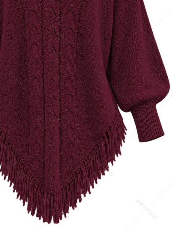 Winter Sweater Solid Color Cable Knit Hollow Out V Neck Pointed Hem Tassel Loose Sweater - Rouge Vineux XL | US 12