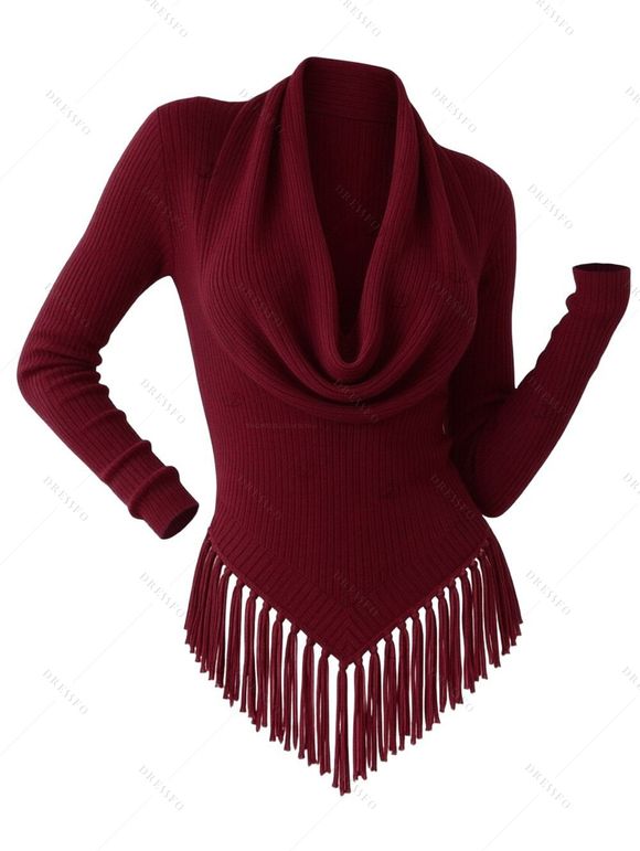 Casual Women Outfit Solid Color Cowl Neck Draped Tassel Knitted Top and Grommet Skinny Leggings Set - Rouge Vineux S | US 4