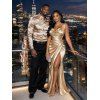 Party Couple Outfit Solid Color Ruched High Slit Bodycon Dress and Long Sleeve Satin Shirt Evening Set - Champagne S | US 4
