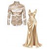 Party Couple Outfit Solid Color Ruched High Slit Bodycon Dress and Long Sleeve Satin Shirt Evening Set - Champagne S | US 4