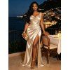 Party Couple Outfit Solid Color Ruched High Slit Bodycon Dress and Long Sleeve Satin Shirt Evening Set - Champagne S | US 4
