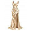 Party Couple Outfit Solid Color Ruched High Slit Bodycon Dress and Long Sleeve Satin Shirt Evening Set - Champagne S | US 4
