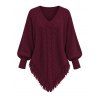 Casual Women Outfit Solid Color Cable Knit Hollow Out V Neck Pointed Hem Tassel Loose Sweater and Grommet Skinny Leggings Set - Rouge Vineux S | US 4