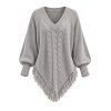 Daily Women Outfit Solid Color Cable Knit Hollow Out V Neck Pointed Hem Tassel Loose Sweater and Button Fly Pocket Skinny Jeans Set - Gris Clair S | US 4