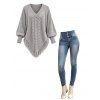 Daily Women Outfit Solid Color Cable Knit Hollow Out V Neck Pointed Hem Tassel Loose Sweater and Button Fly Pocket Skinny Jeans Set - Gris Clair S | US 4