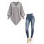 Daily Women Outfit Solid Color Cable Knit Hollow Out V Neck Pointed Hem Tassel Loose Sweater and Button Fly Pocket Skinny Jeans Set - Gris Clair S | US 4