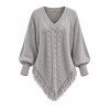 Winter Sweater Solid Color Cable Knit Hollow Out V Neck Pointed Hem Tassel Loose Sweater - Gris XL | US 12