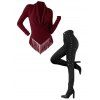 Casual Women Outfit Solid Color Cowl Neck Draped Tassel Knitted Top and Grommet Skinny Leggings Set - Rouge Vineux S | US 4