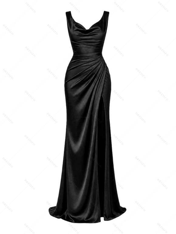 Satin Party Dress Solid Color Ruched High Slit Bodycon Evening Dress - Noir S | US 4