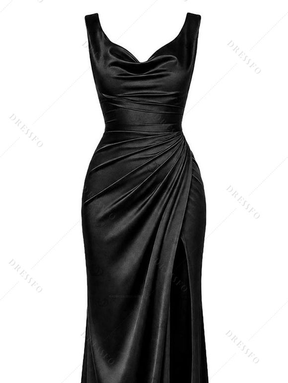 Satin Party Dress Solid Color Ruched High Slit Bodycon Evening Dress - Noir S | US 4