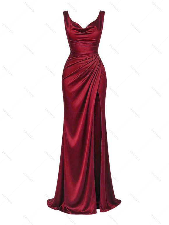 Satin Party Dress Solid Color Ruched High Slit Bodycon Evening Dress - Rouge Vineux XXL | US 14