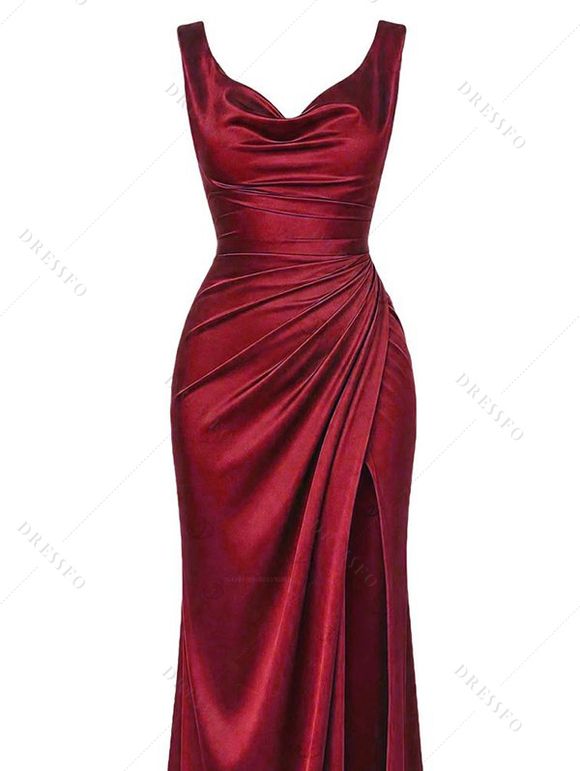 Satin Party Dress Solid Color Ruched High Slit Bodycon Evening Dress - Rouge Vineux XXL | US 14