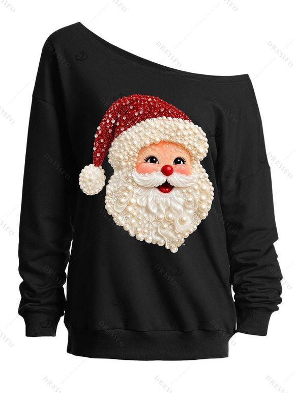 Christmas Women Outfit Beaded Santa Claus Print Skew Neck Long Sleeve Pullover Sweatshirt and Skinny Leggings Set - Noir S | US 4