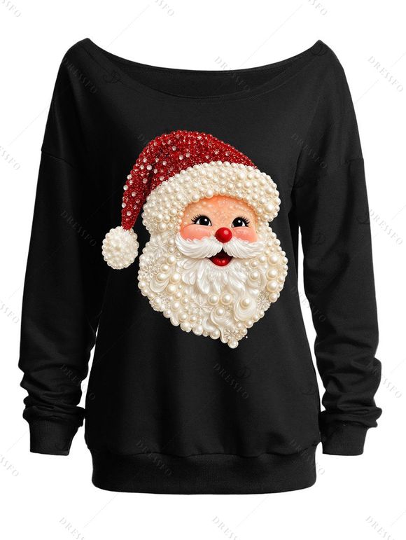 Christmas Women Outfit Beaded Santa Claus Print Skew Neck Long Sleeve Pullover Sweatshirt and Skinny Leggings Set - Noir S | US 4