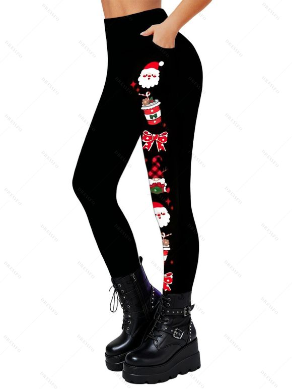Christmas Women Outfit Beaded Santa Claus Print Skew Neck Long Sleeve Pullover Sweatshirt and Skinny Leggings Set - Noir S | US 4