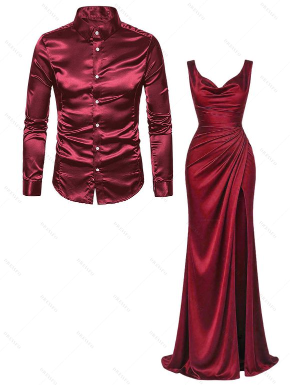 Party Couple Outfit Solid Color Ruched High Slit Bodycon Dress and Satin Shirt Set - Rouge Vineux S | US 4