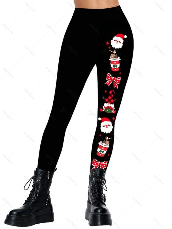 Christmas Women Outfit Beaded Santa Claus Print Skew Neck Long Sleeve Pullover Sweatshirt and Skinny Leggings Set - Noir S | US 4