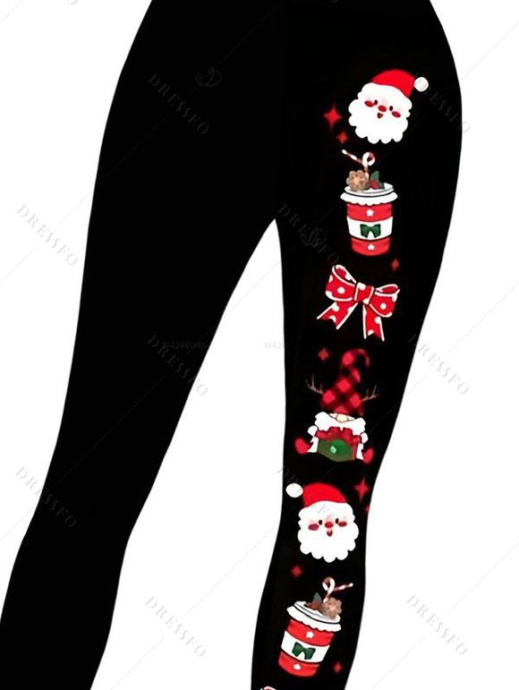 Christmas Women Outfit Beaded Santa Claus Print Skew Neck Long Sleeve Pullover Sweatshirt and Skinny Leggings Set - Noir S | US 4