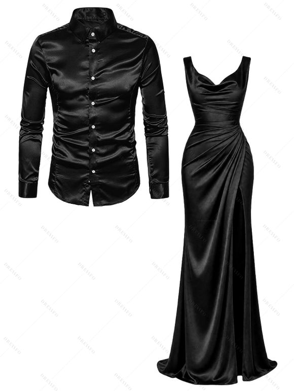Party Couple Outfit Solid Color Ruched High Slit Bodycon Dress and Satin Shirt Set - Noir S | US 4