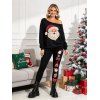 Christmas Women Outfit Beaded Santa Claus Print Skew Neck Long Sleeve Pullover Sweatshirt and Skinny Leggings Set - Noir S | US 4