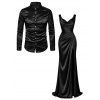 Party Couple Outfit Solid Color Ruched High Slit Bodycon Dress and Satin Shirt Set - Noir S | US 4