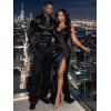 Party Couple Outfit Solid Color Ruched High Slit Bodycon Dress and Satin Shirt Set - Noir S | US 4