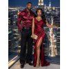 Party Couple Outfit Solid Color Ruched High Slit Bodycon Dress and Satin Shirt Set - Rouge Vineux S | US 4