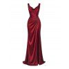 Party Couple Outfit Solid Color Ruched High Slit Bodycon Dress and Satin Shirt Set - Rouge Vineux S | US 4