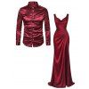 Party Couple Outfit Solid Color Ruched High Slit Bodycon Dress and Satin Shirt Set - Rouge Vineux S | US 4