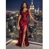 Party Couple Outfit Solid Color Ruched High Slit Bodycon Dress and Satin Shirt Set - Rouge Vineux S | US 4