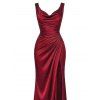 Satin Party Dress Solid Color Ruched High Slit Bodycon Evening Dress - Rouge Vineux XXL | US 14