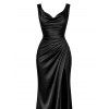 Satin Party Dress Solid Color Ruched High Slit Bodycon Evening Dress - Noir S | US 4
