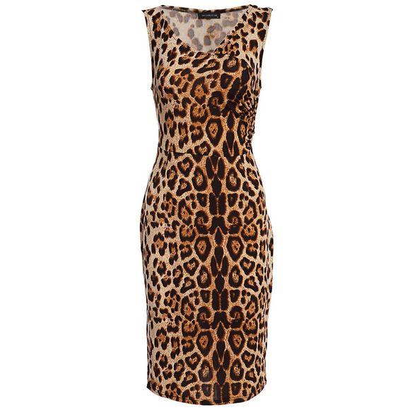 Robe mi-longue sans manches à encolure en V et à imprimé léopard sexy pour femme - Léopard S