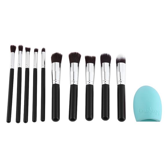 10pcs Wooden Handle Silver Tube Makeup Brush Set with One Makeup Brush Cleaner - BLACK BRUSH / GREEN CLEANER 