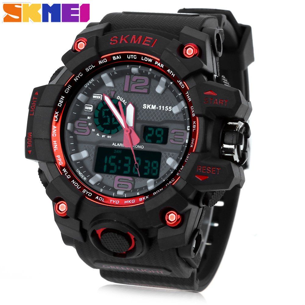

SKMEI 1155 Men Double Movement Watch Water Resistance Dual Time Day Alarm Light Wristwatch, Red