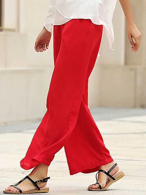 Stylish Elastic Waist Straight Solid Color Chiffon Women Wide Leg Pants - Rouge S