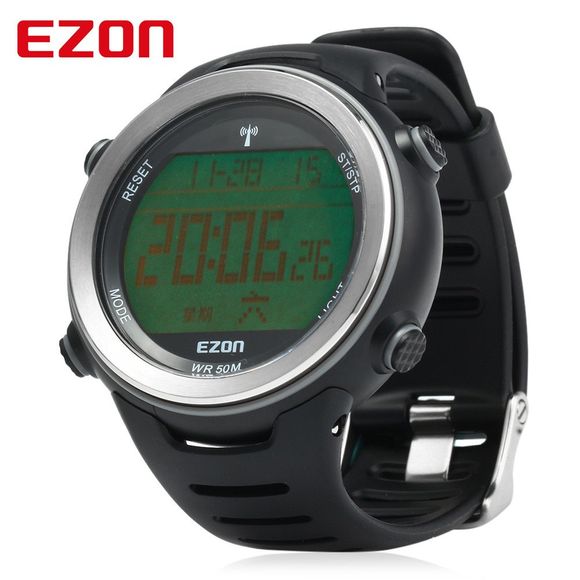 EZON L002 Radio Wave Calibrate Time Digital Men Sports Watch World Time Countdown Timer - Noir 