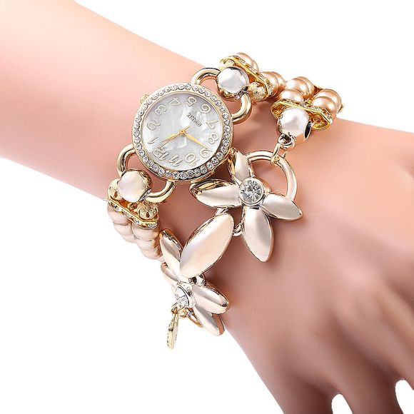 Women Pearl Rhinestone Flower Bracelet Quartz Watch - Brun 