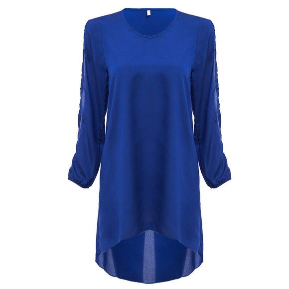 Casual Round Collar Long Slit Sleeve Loose Women Mini Dress - Bleu Saphir L