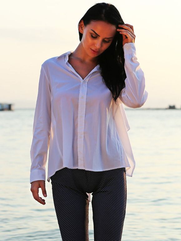 Turn Down Collar Long Sleeve Self-Tie Design Loose-Fitting Women Shirt - Blanc L