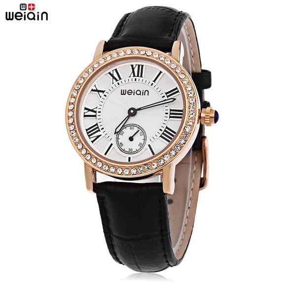 WeiQin W4812E Female Quartz Watch Luminous Artificial Diamond Dial Genuine Leather Band Water Resistance Wristwatch - Noir 