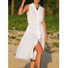 Brief Lapel Sleeveless Bowknot Design Lace-Up Pure Color Women Midi Shirt Dress - Blanc M