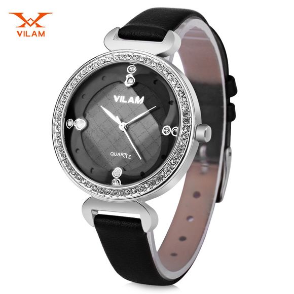 VILAM V1002L Women Quartz Watch Artificial Crystal Dial Solid Flower Mirror Wristwatch - Noir 