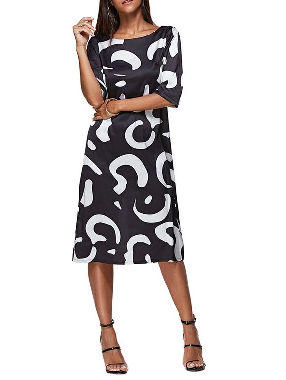 Trendy Round Collar Allover Print Backless Women Midi Dress - Blanc et Noir M